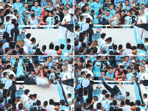 El momento en que Emanuel Balbo fue arrojado de una tribuna del estadio Mario Alberto Kempes de Belgrano de Córdoba